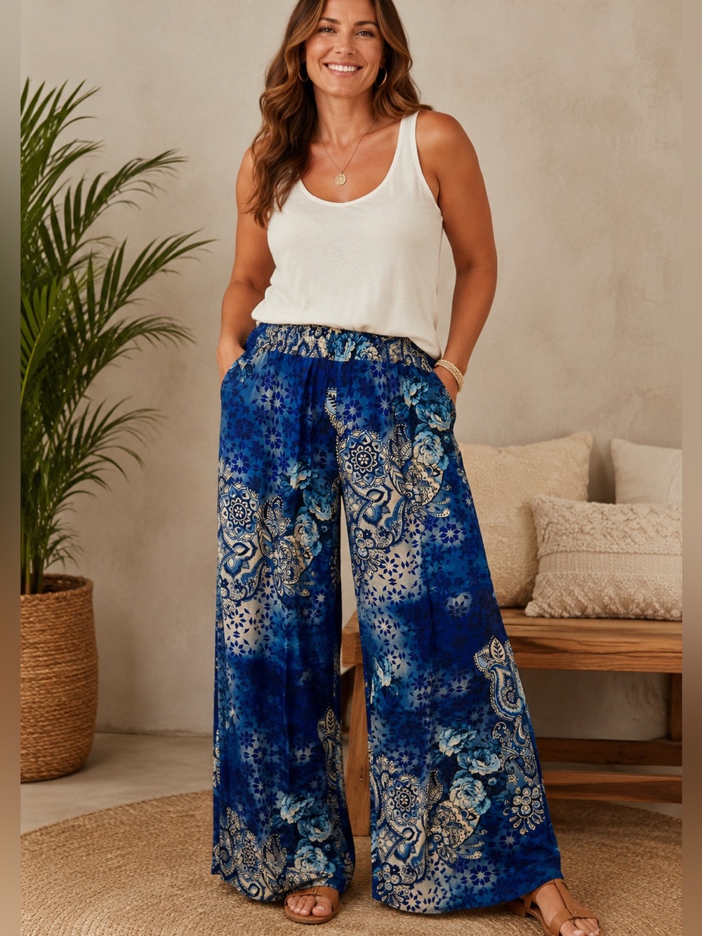Johnny Was Floral Pull on Silk Pants Size XL